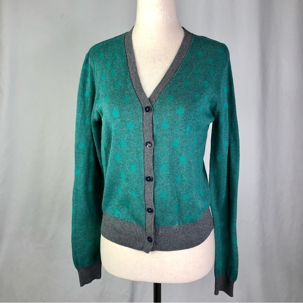 Cabi Polka Dot V-Neck Cardigan Sweater 100% Cotton Aqua Grey S